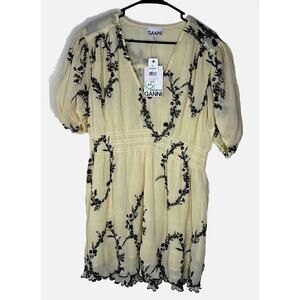 Ganni NWT Women Sz 40 US 8 Butter Yellow Pleated Dress Floral Coquette Fairy